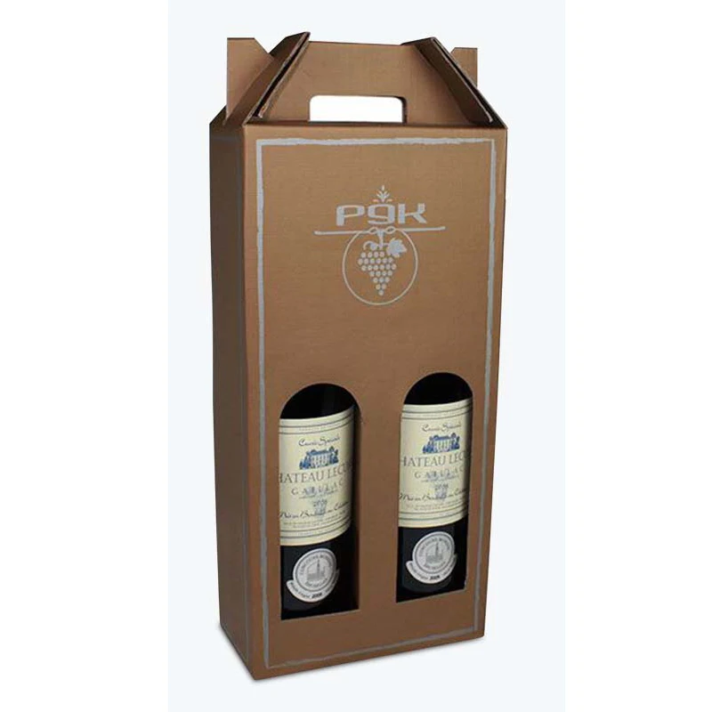 Custom Logo Printed High-End 2-Bottle Wine Box Corrugated Board Kraft Paper for Beer Red Wine & Vodka with Handle Window