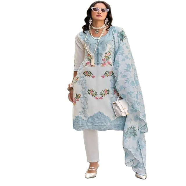 Floral Designs White Cotton Crew Neck Embroidery Readymade Festive Wear Kurti Pent Set Available At Affortdable Price From India