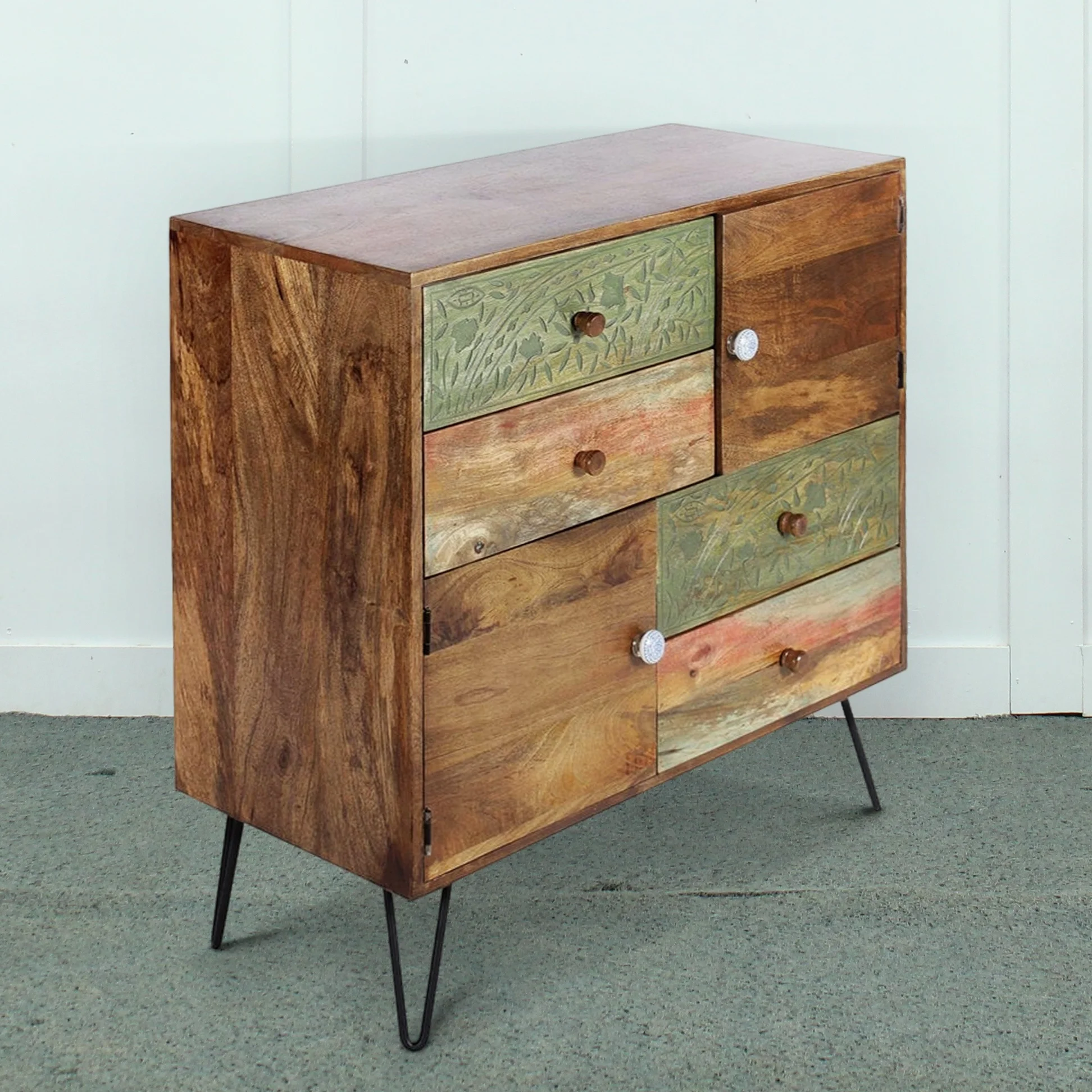 Rustic Industrial Four-Drawer Two-Door Cabinet in Teak Finish Hand Painted Hair Pin Look Metal Legs for Dining Bedroom Storage