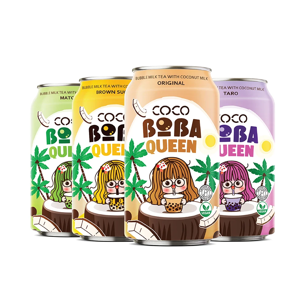 New Drinks Coco Boba - Coconut Milk Tea 330ML Can Original Brown Sugar Taro Matcha Vegan Bubble Tea with Boba and Coconut Milk