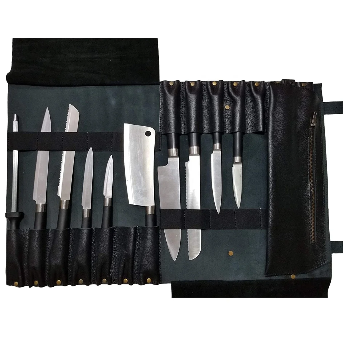 Professional Custom Waterproof Durable Leather Roll up Knife Bag Foldable High Quality Chef Tool Bag with Strap