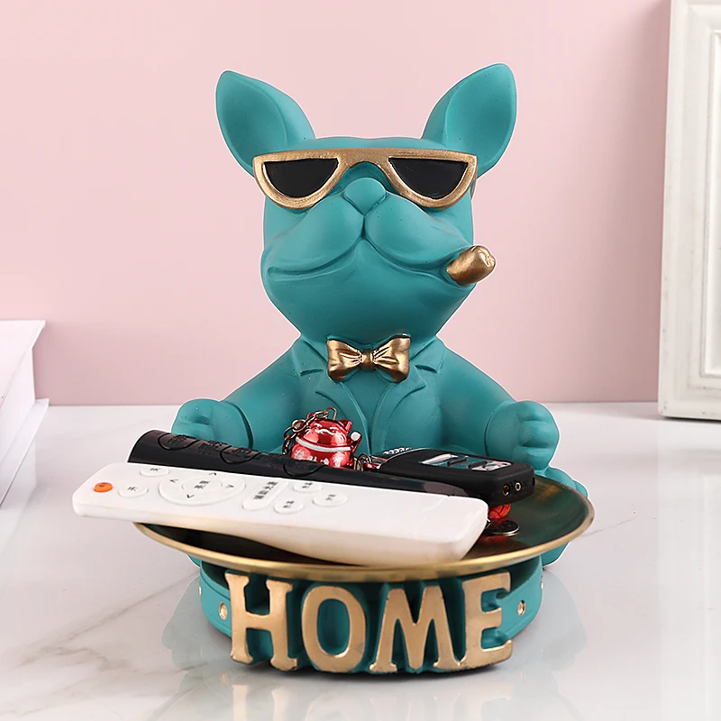 Resin Dog Sculpture Design Statue French Bulldog Butler with Metal Tray for Keys Holder Home Decor Animal Ornaments Nordic Art