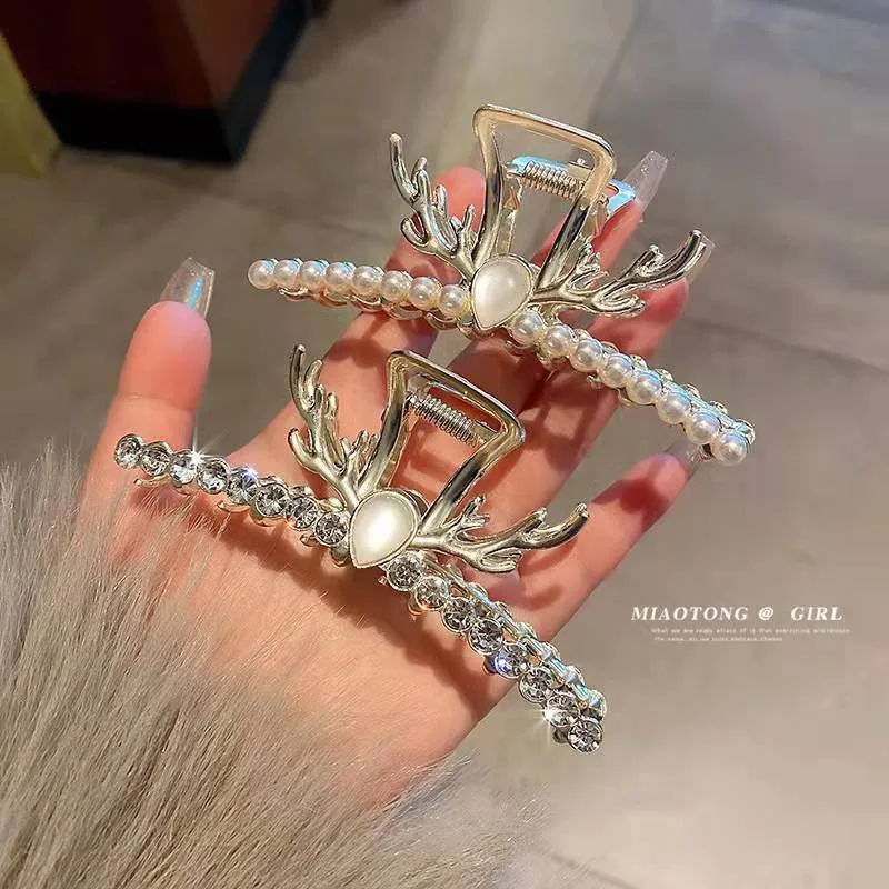 Tik Tok hot-sells premium touch deer Pearl Antler Shark Clip & Hair Clip Pearl hair accessories