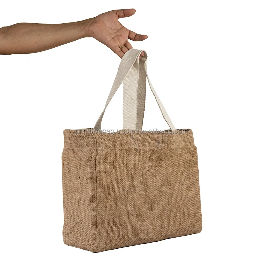 Sisal Tote Bag Hessian shopper NP Full Gusseted Cotton Strap Handle Double Washed Gunny 100% Jute 100% Handmade in Nepal Solid