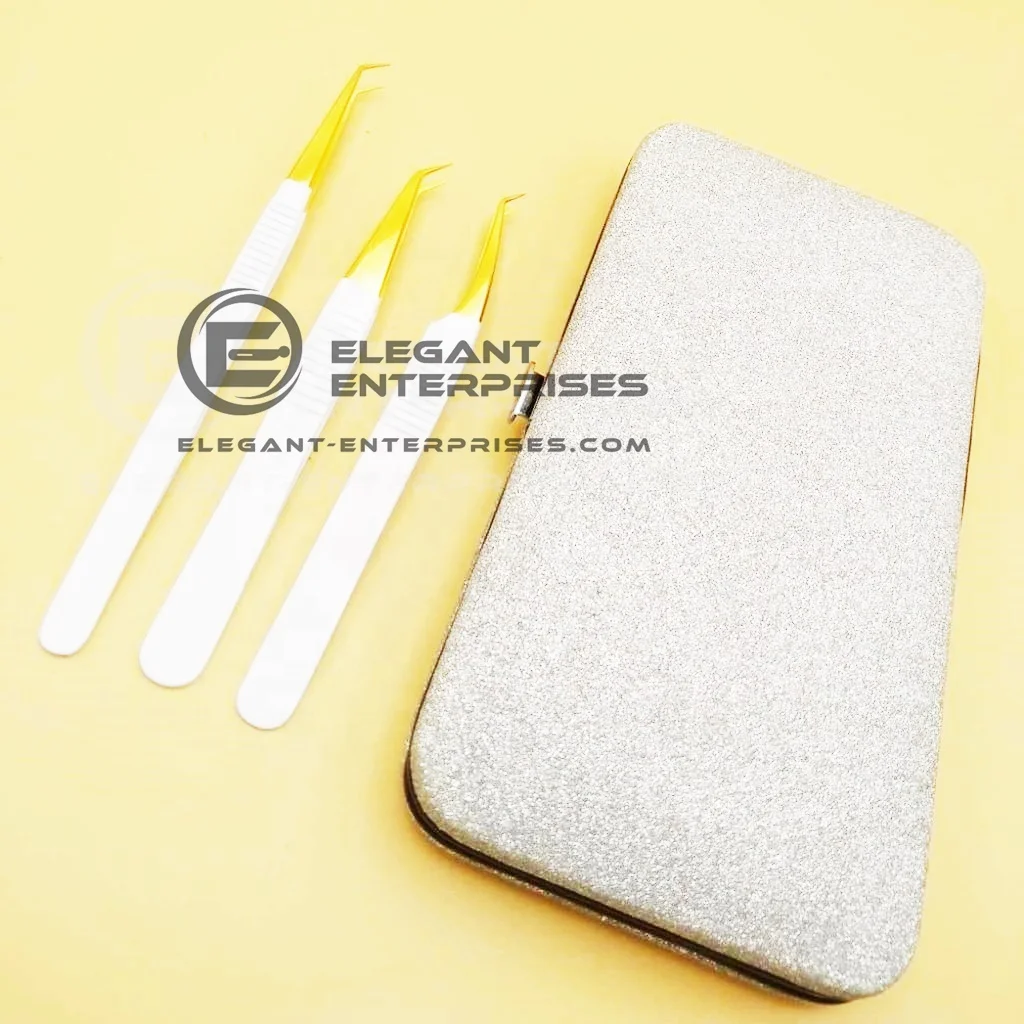 White powder coated Dumont grip with golden tip eyelash extension tweezers Stainless Steel with custom brand name
