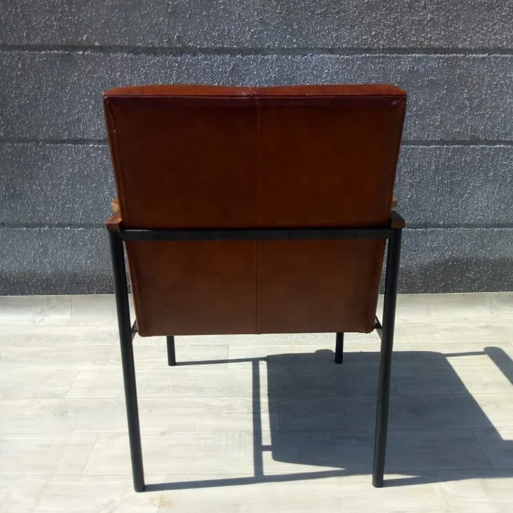 Vintage Iron & Leather Office Chair with Wooden Arm Rest