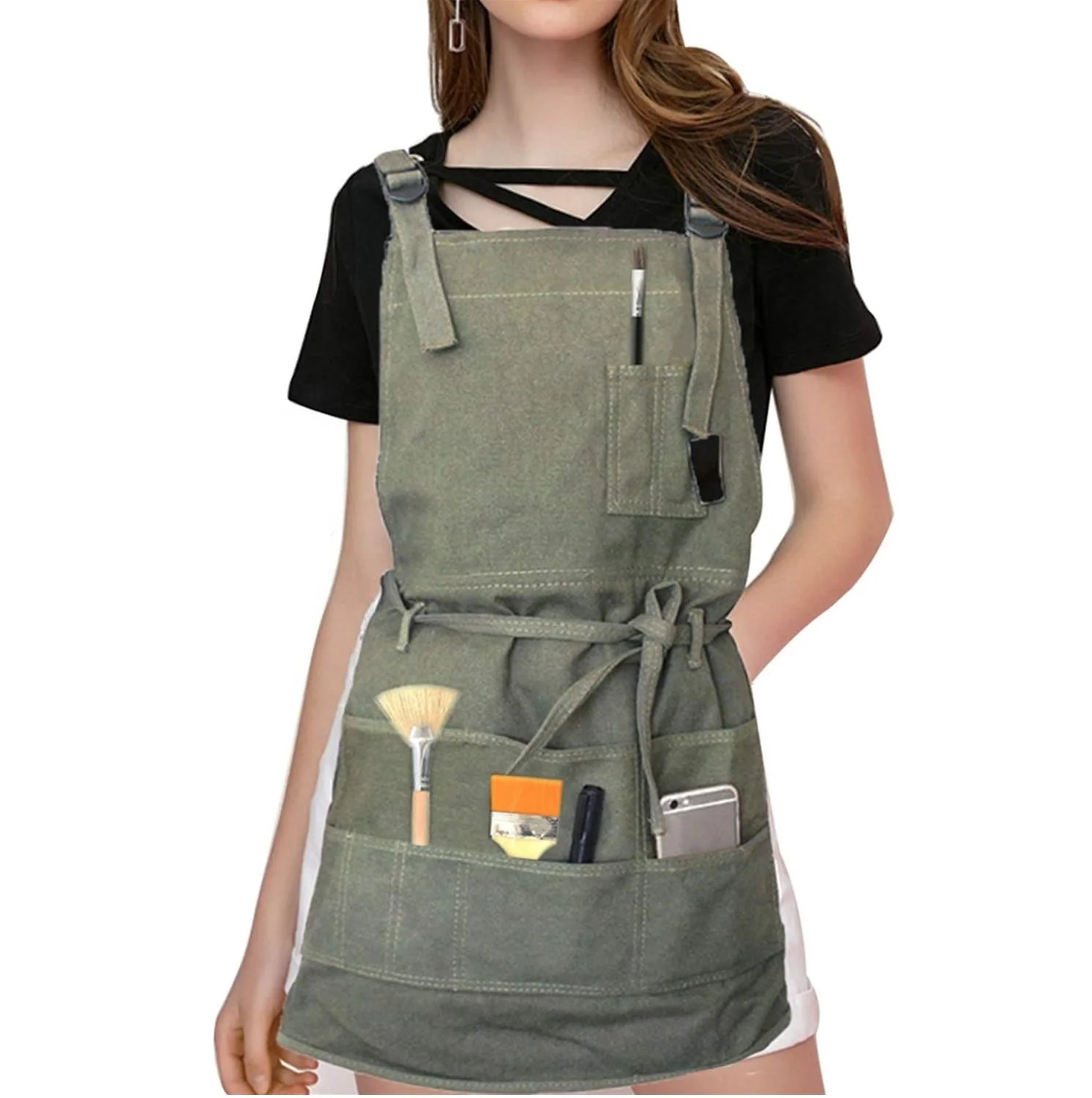 Adjustable Artist Apron with Pockets Waxed Canvas Painting Aprons with Tool Organizer pockets for Arts Gardening