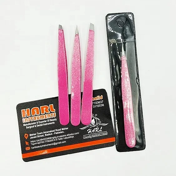 Wholesale Custom Private Logo Eyebrow Tweezers Pink color with silver glitter Thick Metal Stainless Steel Brow Tweezers