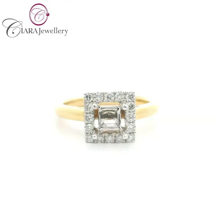 CLASSIC 18K AU750 YELLOW AND WHITE GOLD TWO TONE NATURAL DIAMOND HALO PLAIN SHOULDER 4.2X4.2MM PRINCESS SHAPE RING MOUNT