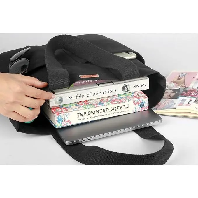Womens Vertical Stylish Black 5 Pocket Tote Bag 100% Organic Cotton Canvas Tote For College & Daily Use