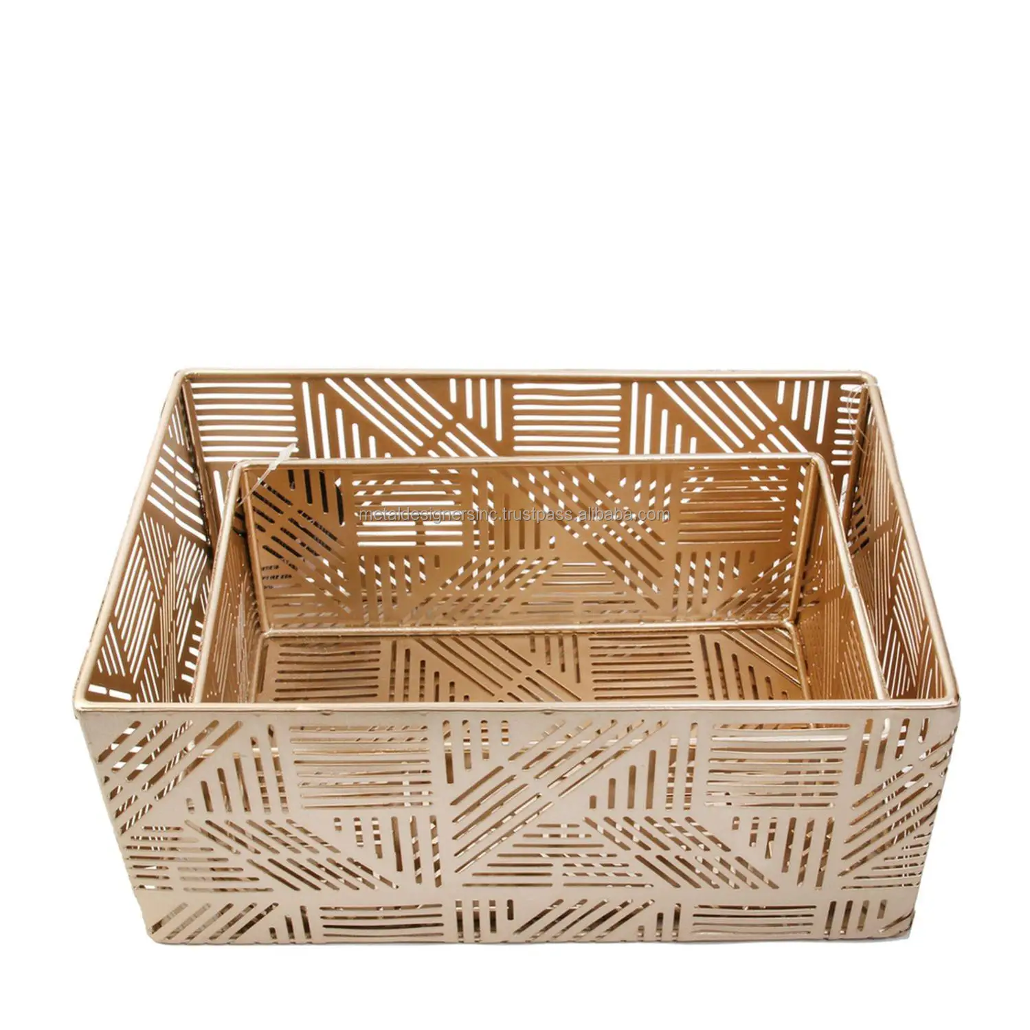 Set/2 Gold Rectangular etching Metal baskets Openwork Metal Storage Baskets cut out design baskets gold plating