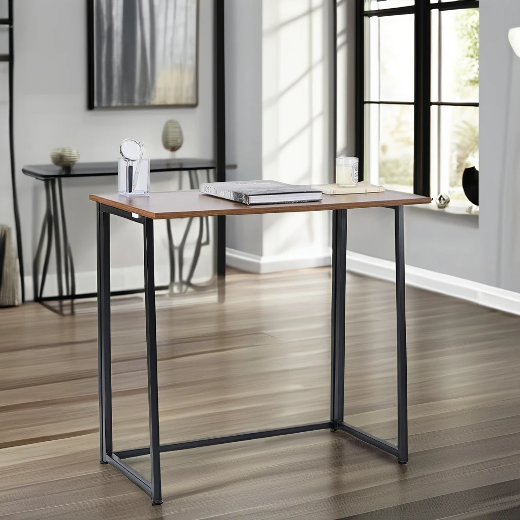 Space-Saving Office Furniture Foldable Metal Computer Desk in Dark Walnut for Small Spaces