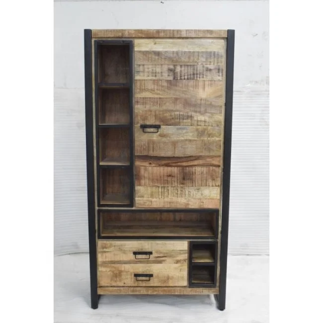 Solid Mango Wood  Antique Finish Big Size Huge Metal Frame Industrial Vintage Living Drawer Panel Cabinet