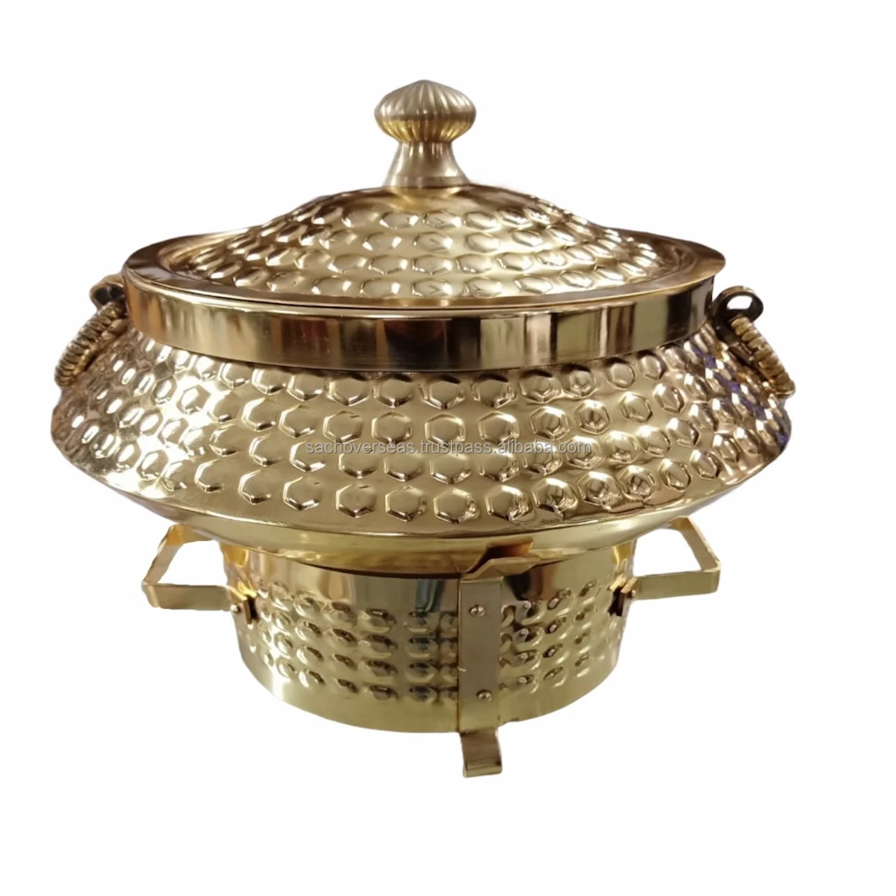 Luxurious Gold Round Mirror Finish Hammered Brass Metal Chafing Dish 6 Litre For Restaurants and Cafeteria Buffetware