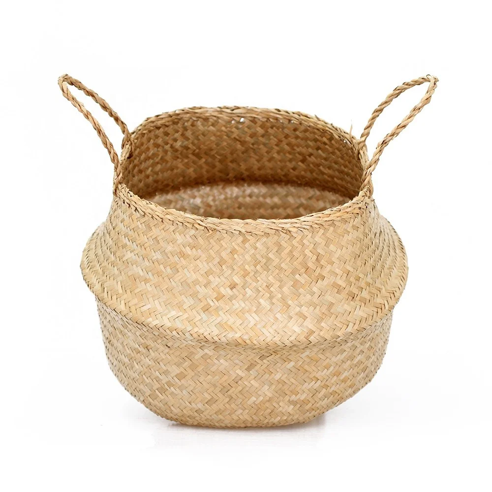 Natural Round Woven Seagrass Belly Basket for Storage, Laundry, Picnic, Plant Pot Cover