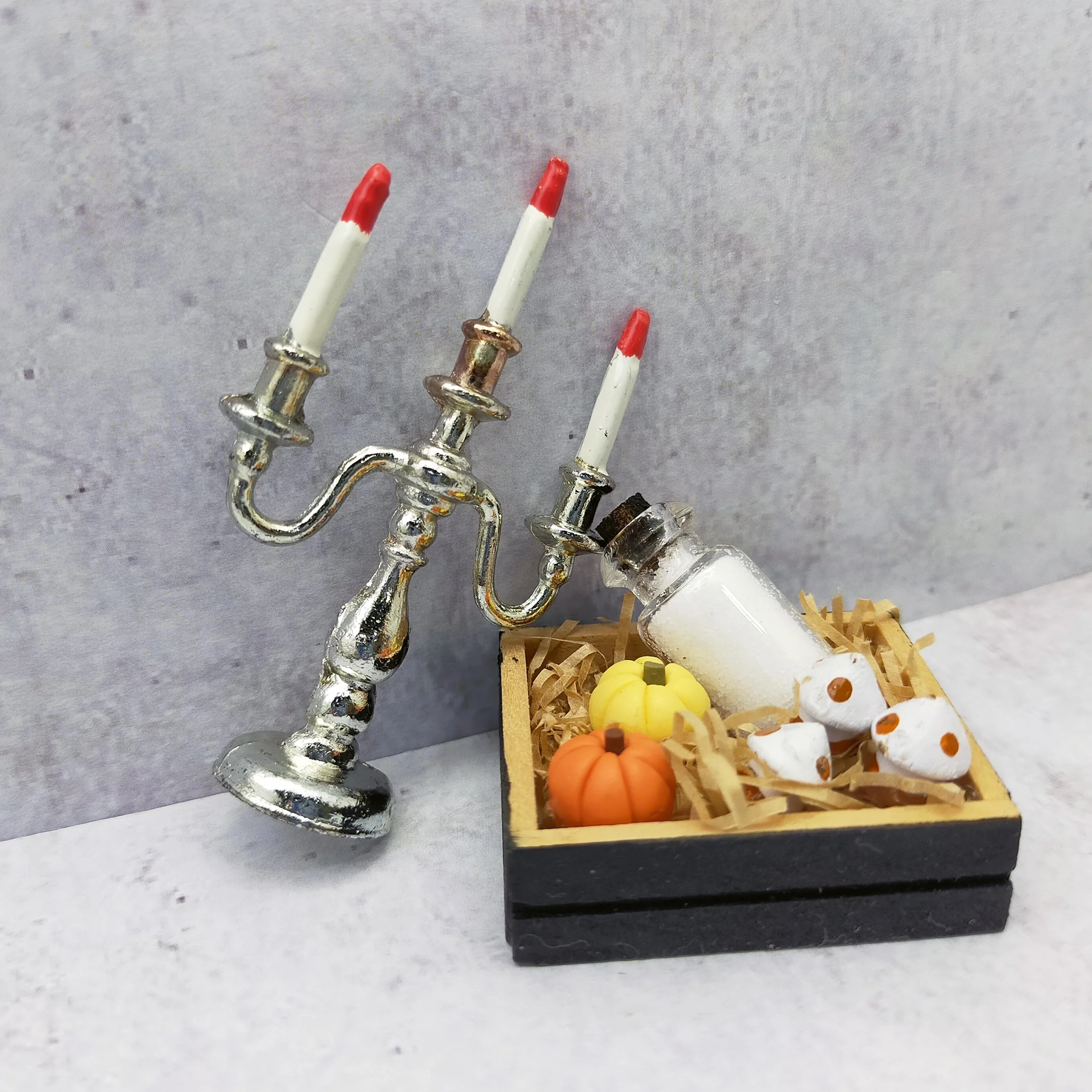 Miniature Dollhouse 1:12 Halloween Candle Holder Wooden Box with Pumpkin Glass Bottle