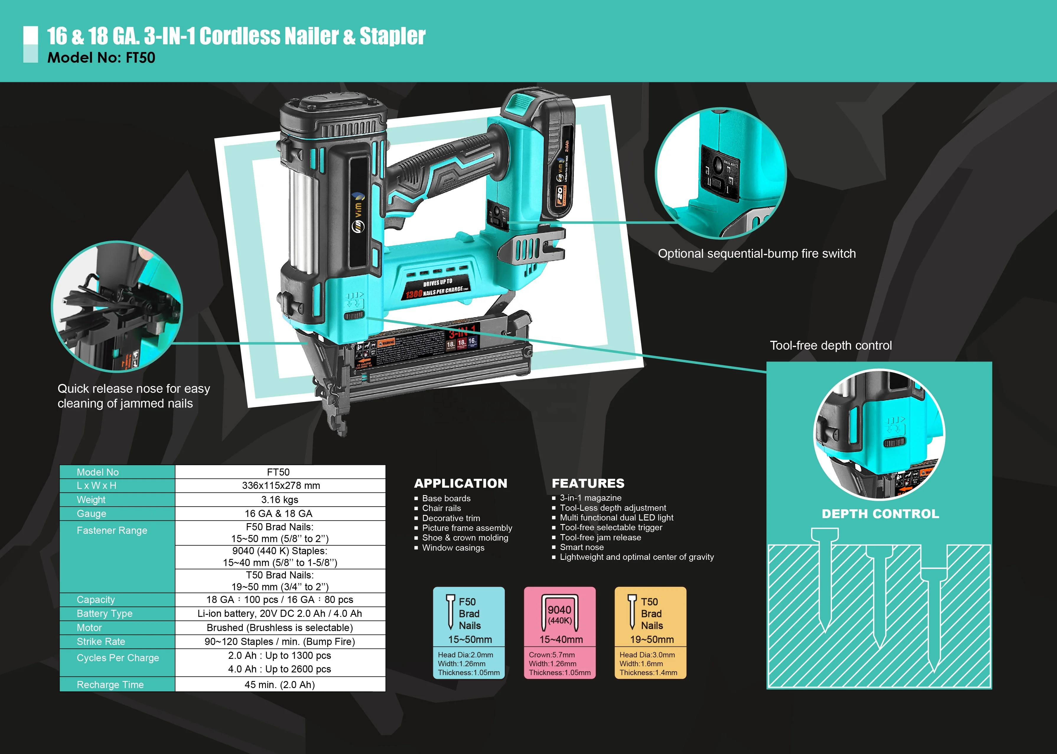 16 & 18 GA. 3-IN-1 Cordless Nailer & stapler FT50
