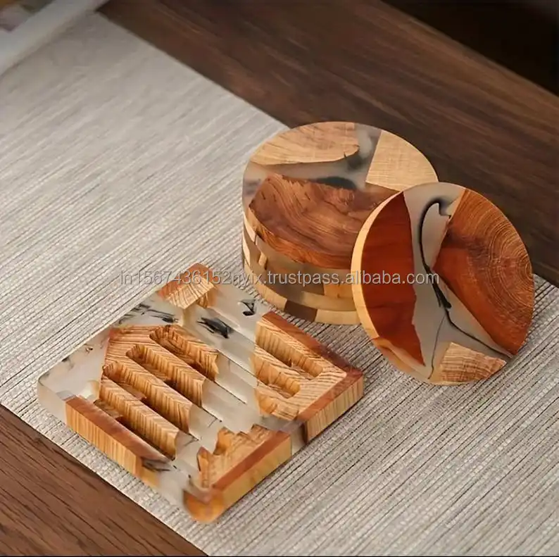 Transparent natural wood and epoxy resin coasters set