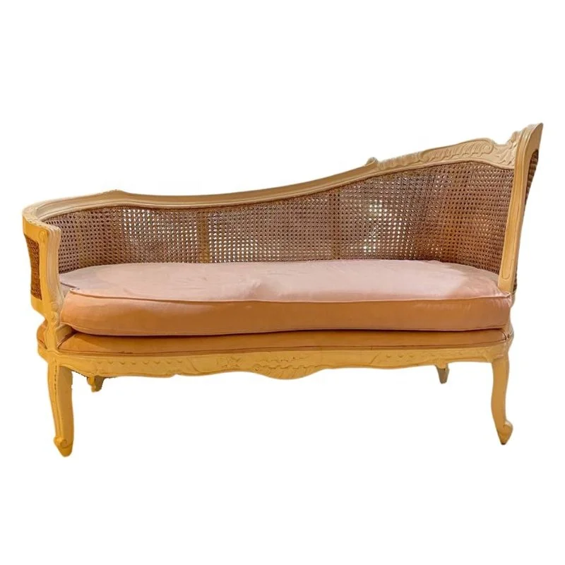 Antique Rattan Sofa Bed French Provincial Wooden Sofa Daybed Chaise Lounge Chair Cane for Living Room Home and Hotel Furniture