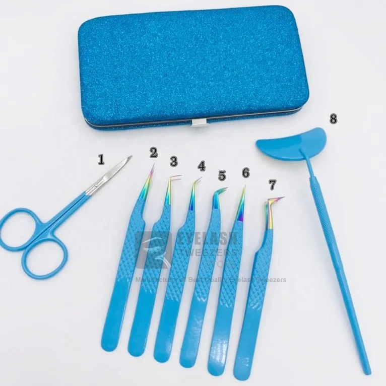 Sky Blue Color Coated With Rainbow Tip Sustainable Steel Diamond Grip Private Label Eyelash Extension Tweezers Lash Tweezer