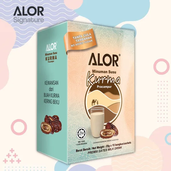 ALOR Premix Dates Milk 25g x 15 Sachets Halal Energy Rich Antioxidants High Vitamins Grain Flavor for Adults