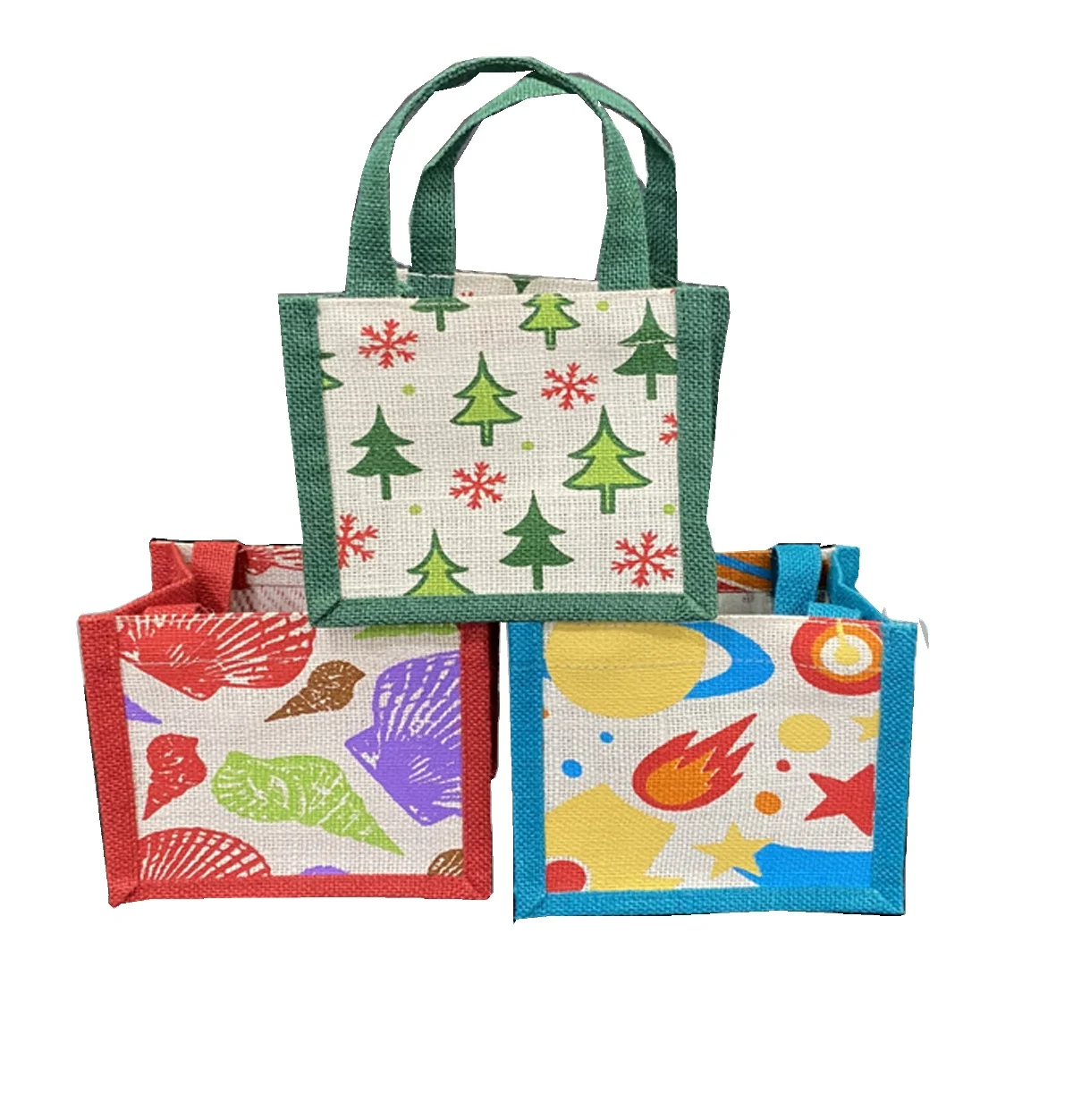 Small jute hand fashionable bag with self handle nice all over printing eco friendly jute tote bag novation bags
