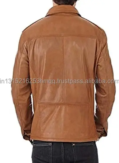natural Leather Sheepskin  Zipper  Brown Men Biker Jacket with Quilted Viscose Lining Inside Outside Pocket 2024 design