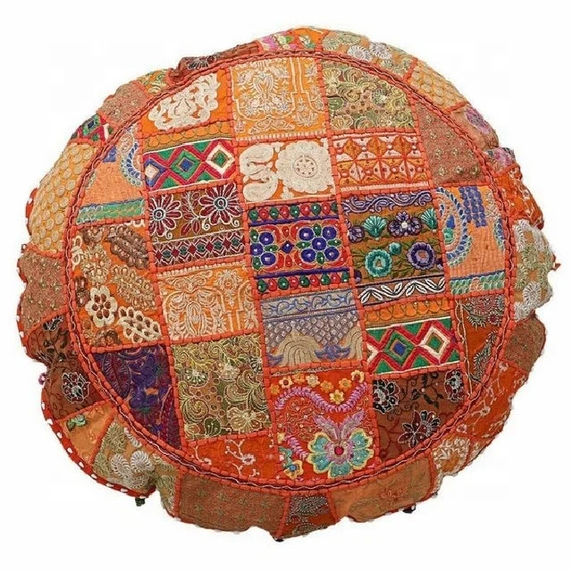 Bohemian Round Patchwork Pillow covers Indian Handmade Hand Embroidered Patchwork Cushion Cover With PomPom Home Decor