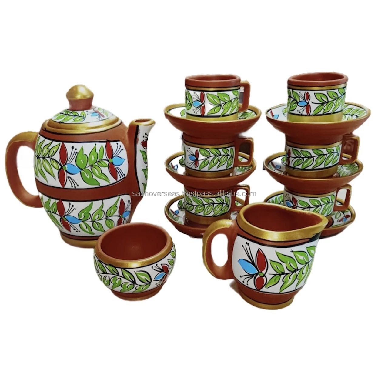 Elegant Handcrafted Earthen Brown Terracotta Tea Kettle Set with Cups, Plates, Milk Pot & Sugar Pot Non-Toxic & Eco-Friendly