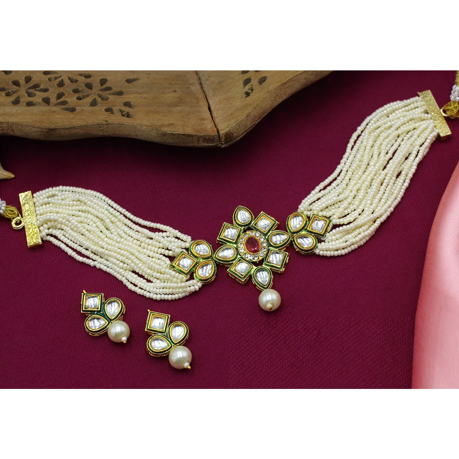Jewellery Set Best Quality Kundan Stone Small Beads Work Indian Traditional Imitation Necklace Set Earrings Dubai Jewelry