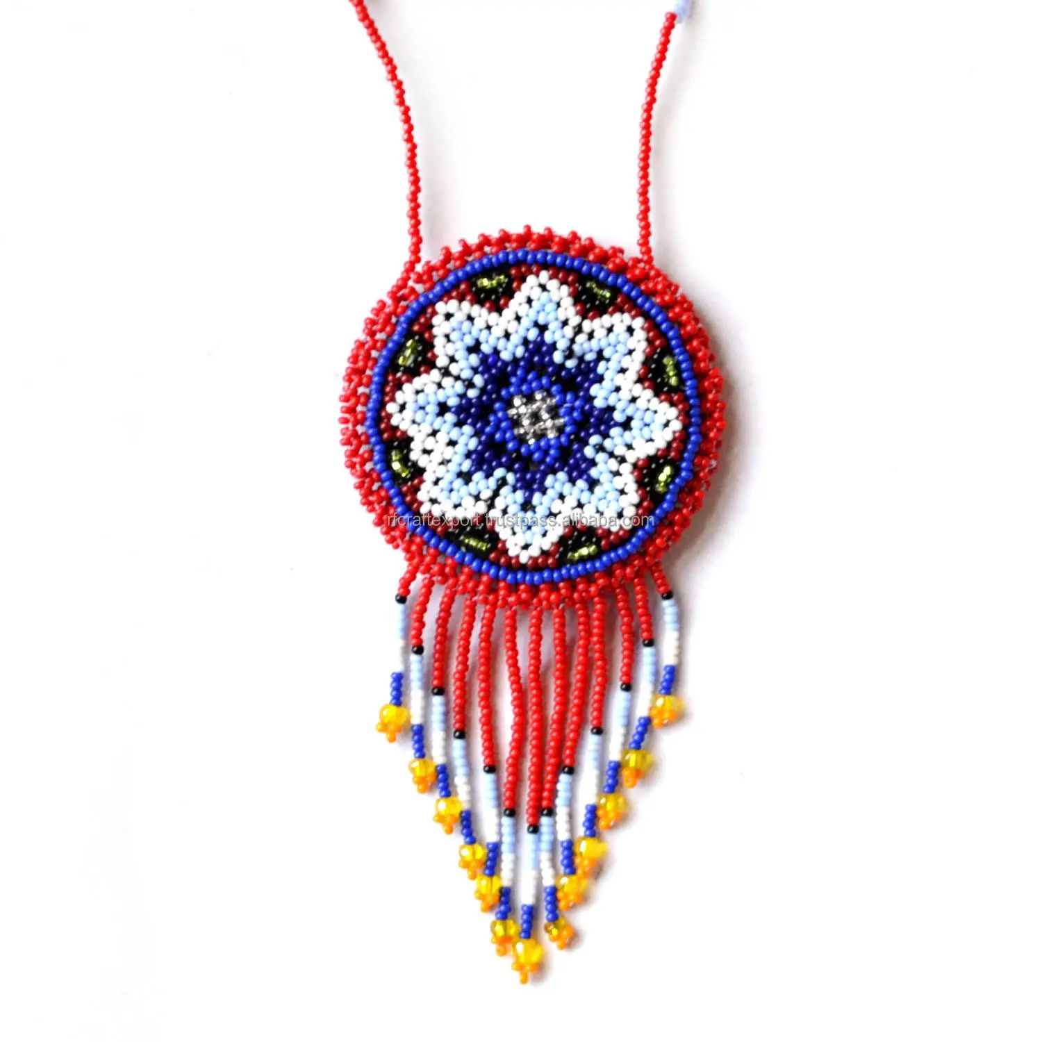 Handmade Gold-Plated Glass Seed Bead Necklace Colorful Fashion Pattern Inspired by Native Mexican Geometry Unisex
