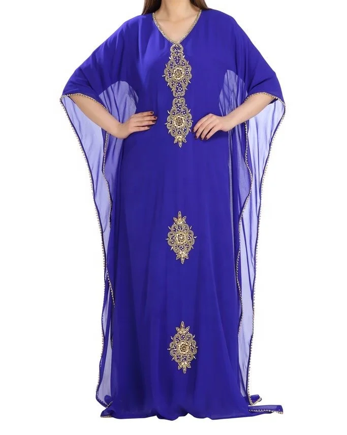 Royal Blue Color Party Wear Georgette Qatar Style Islamic Kaftan Mayzuna Dubai  Long Dresses Beads Muslim Abaya long dress