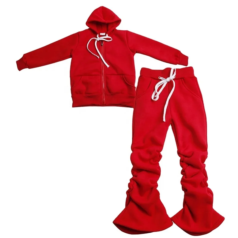 Wholesale Boys Girls Zipper Sweatsuit Stacked Pants Fleece Hoodies Tracksuit Baby Girls Clothing Jogger Sets Winter