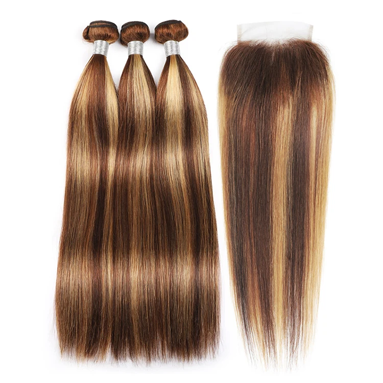 Piano Color Deep Wave Highlight 3 PCS Virgin Human Hair Bundles with Closure P4/27# Mixed Wavy Bundle and Closure Deals