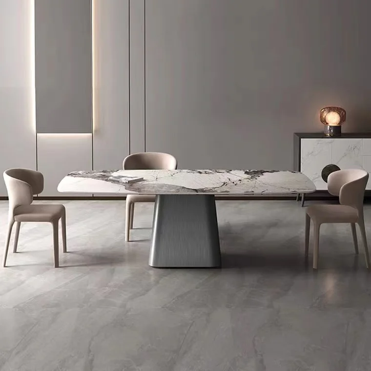 Minimalist Home Furniture Rectangular Marble Sintered Stone Top Stainless Steel Legs Base Rectangular Dining Table