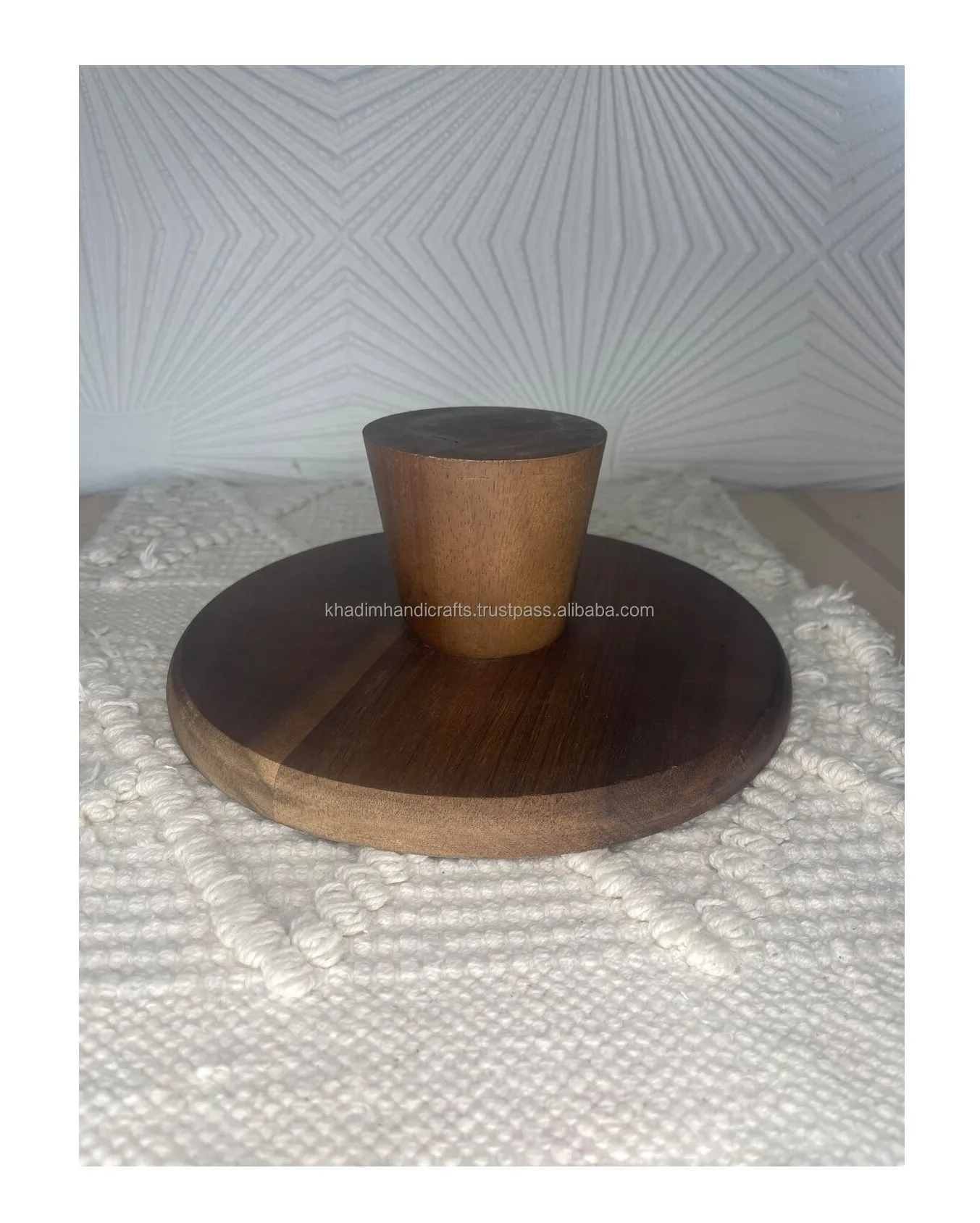 Acacia wood cake stand with bark inlay