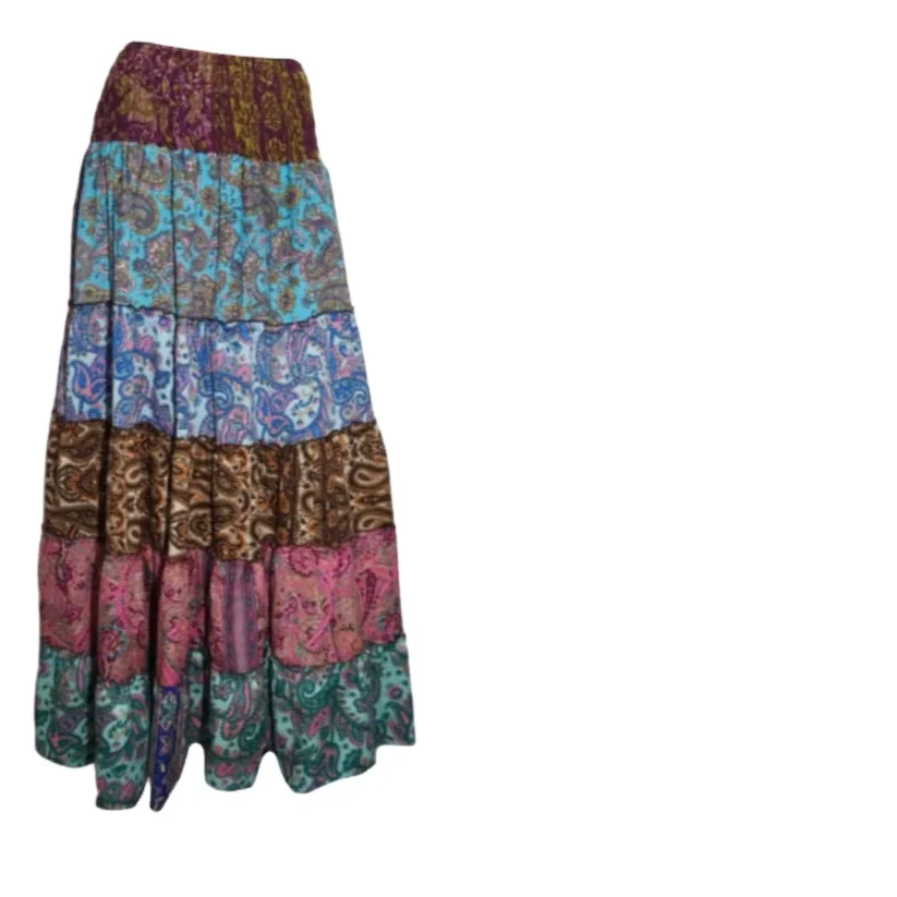 New Long Silk Saree Floral Print Skirt -Spanish dance frill Boho skirt -Western style  Tiered Ruffle Multi Color  long skirt