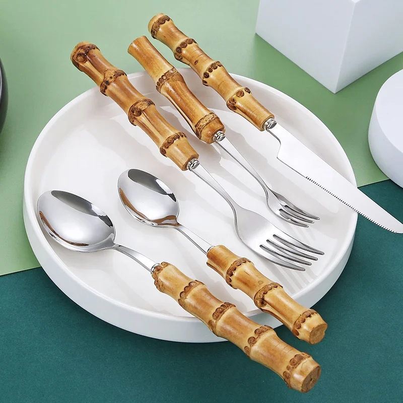 Royal Restaurant Stainless Steel Wholesale Stainless Steel Knife Spoon And Fork Bulk Flatware With Bamboo Handle