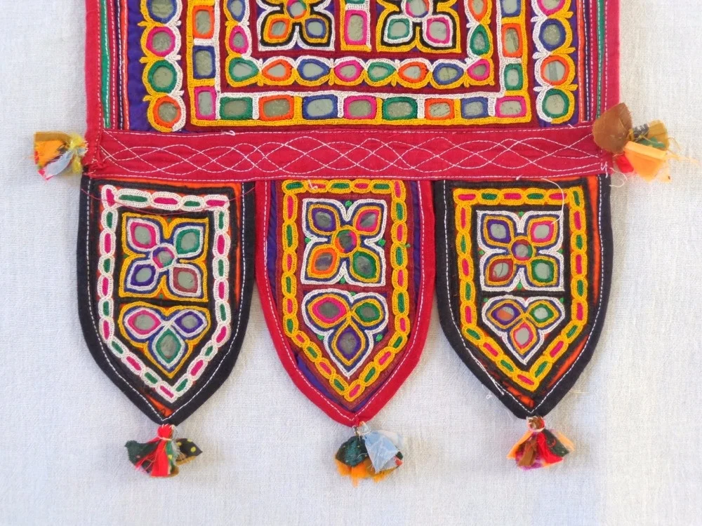 Gujarat Tribal embroidered Door hanging - Indian Traditional Kutch embroidered door hanging - Bohemian mirror work door decor