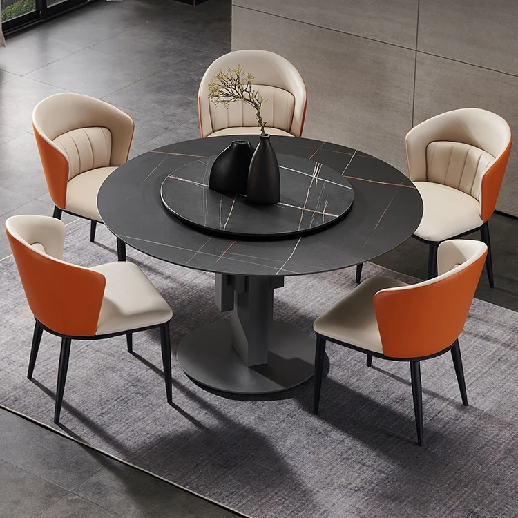 Luxury Diningroom Round Marble Dining Table Sintered Stone Top Stainless Steel Legs Lazy Susan Rotation Dining Table