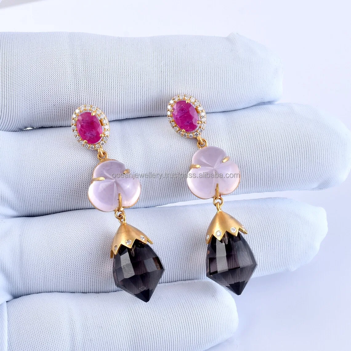 18K Diamond & Fancy Ruby, Rose Quartz Smokey Quartz Gold Drop Earring With Push Back Earrings