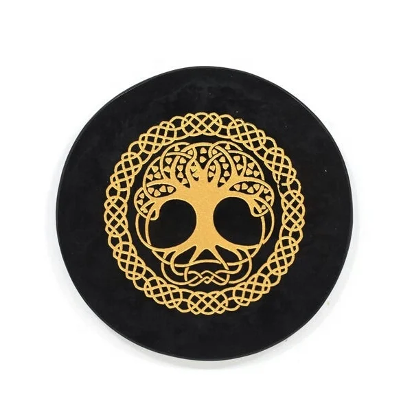 Black Agate Charging Plate with Tree of Life Engraved Symbol : Black Agate Crystal Charging Plate Coaster