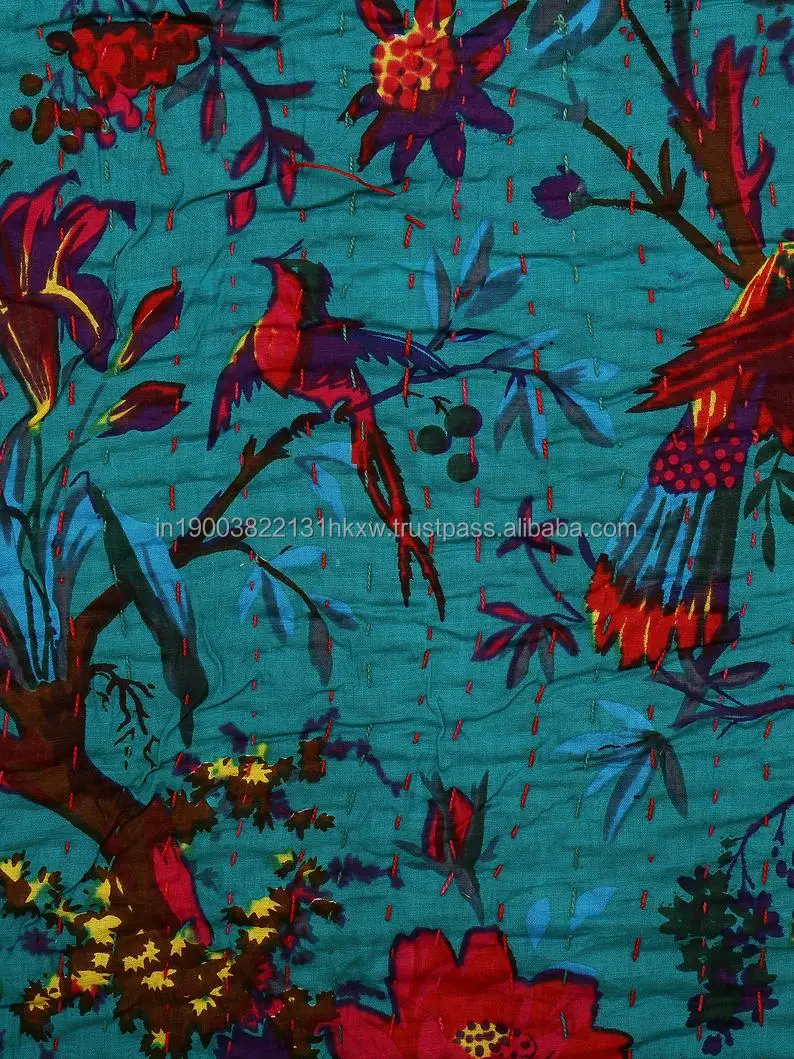 Одеяло Kantha с бирюзовым цветочным принтом винтажное одеяло ручной работы двухместное бирюзовое покрывало хлопковое постельное белье