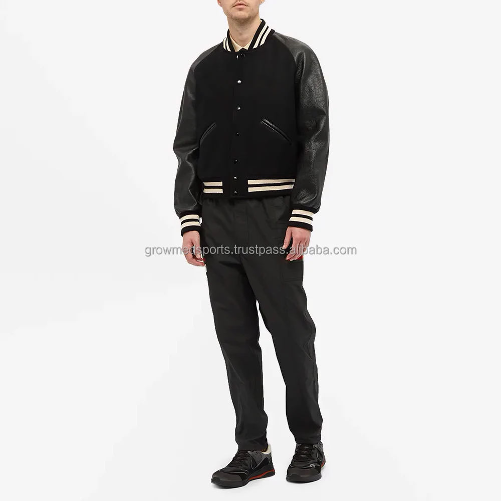 Street Fashion Men Casual Varsity Jacket Leather Sleeve Thick Warm Wool Fabric