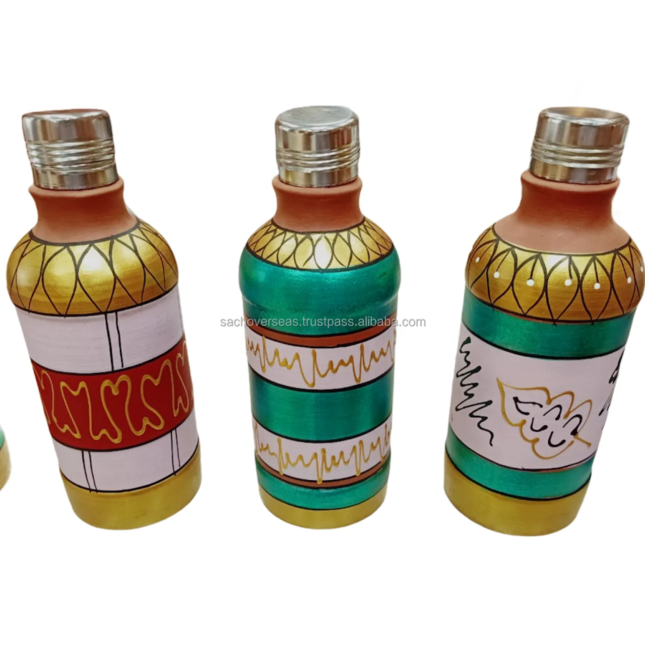 Handmade Earthen Clay Water Bottle With Unique Traditional Painting and Steel Lid For Drinking Water 900 ML