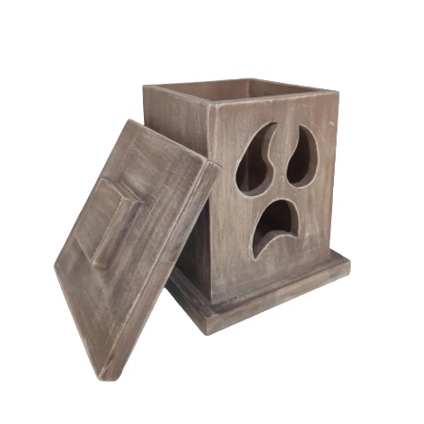 Natural grey stain Unique Halloween decorative creative hand-carved wood handicrafts antique vintage luxury candle box with lid
