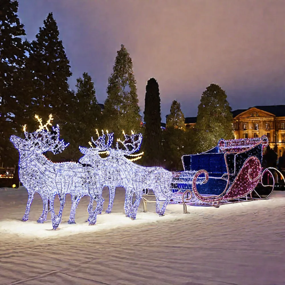 Outdoor holiday Lighted life size Acrylic 3D Large Deer Decorations Led Christmas Motif Light santa claus sleigh with reindeer