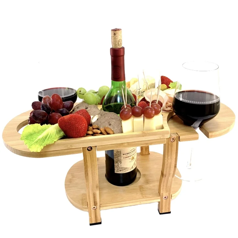 Outdoor food serving tray portable wiine table wood picnic wine table