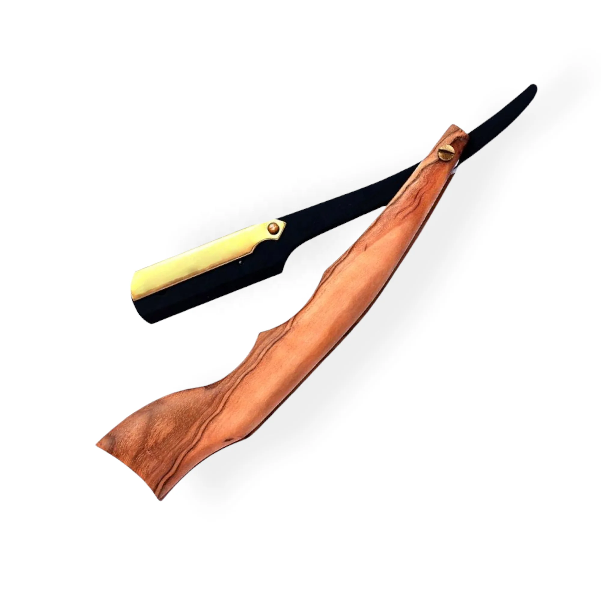 Stylish Matte Black With Wooden Handle Straight Barber Razor ( Powder Coating )