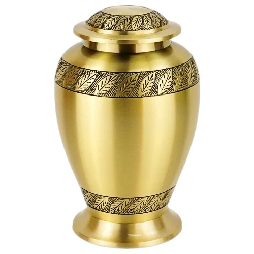 Matte Gold Finish with Hand Engraved Leaves Bands on Lid ,Top and Bottom Dove Brass Adult Cremation Urn 10.25Hx6.75D inches 2.25Kg BCU-20A.png